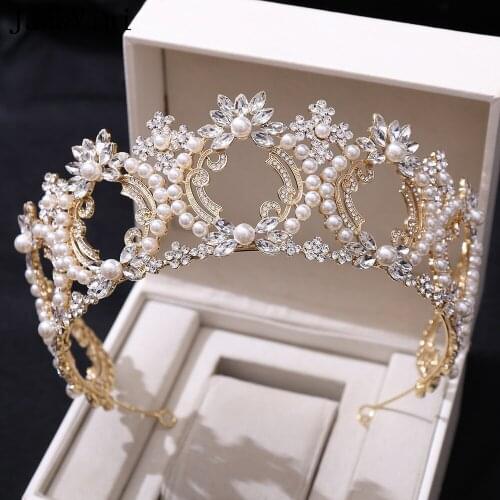 JaneVini Bridal Hair Jewelry Pearl Bride Crown 2021 Wedding Bridal Hairbands Haarband Dames Gold Silver Crystal Tiaras Crowns