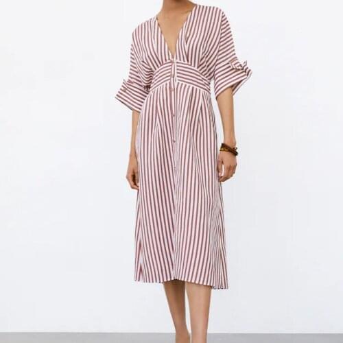 High-quality ladies pink striped print dress mid-sleeve V-neck long dress career office dress