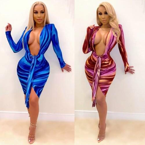 Sexy Lady Woman Tie Tye V-Neck Mini Dress Party Night Long Sleeve Clubwear Bodycon Fashion Bandage Vestidos