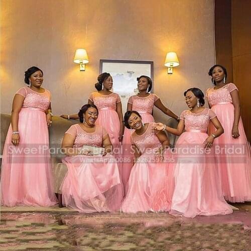 Pink Heavy Appliques A Line Bridesmaid Dresses With Short Sleeves Lace Top Tulle Skirt Sheer Neck Long Wedding Party Dress
