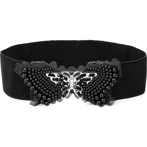 Womens Pearl Butterfly Wide Band Dresses Waistband Elastic Cinch Waist Belt