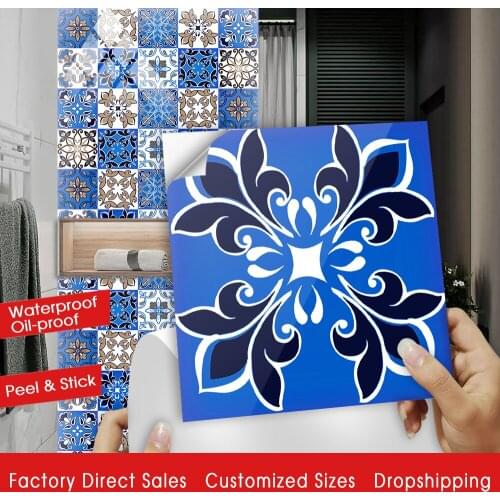 10pcs/set Blue Floral Ornament Crystal Hard Tiles Wall Sticker Kitchen Tables Floor Decoration Wallpaper Waterproof Art Mural
