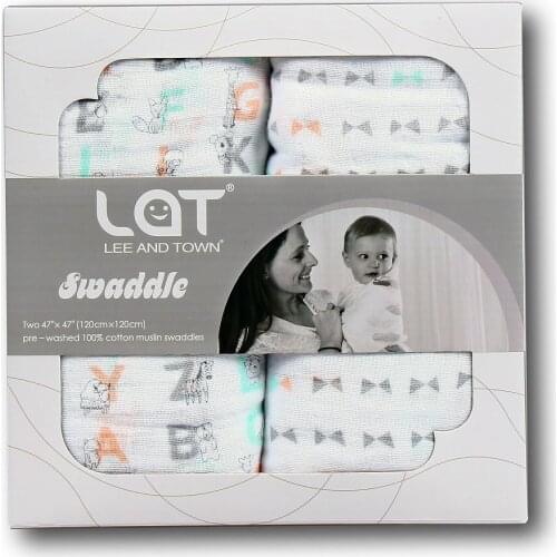 LAT 2 Pack Baby Cotton Muslin Swaddle Blankets Newborn Soft Wrap Large Blanket Pram Nursing Cover Baby Shower Gift 47''x 47