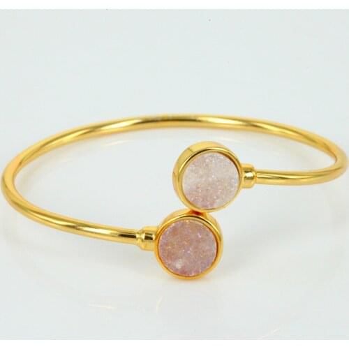2017 multi colors pink rainbow golden blue purple round druzy stone golden copper alloy adjustable open bangles for women
