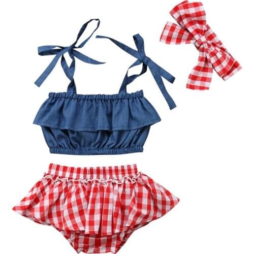 3Pcs/Set Newborn Baby Girl Denim Off Shoulder Sleeveless Tops+Red Plaid Shorts+Headband Summer Clothes