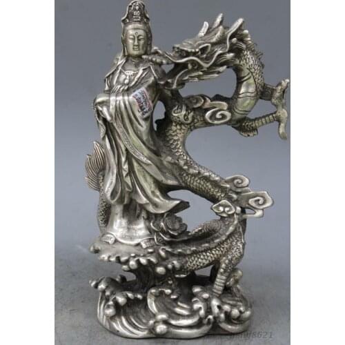 9" Chinese Buddhism Tibet Silver Copper Dragon GuanYin buddha statue