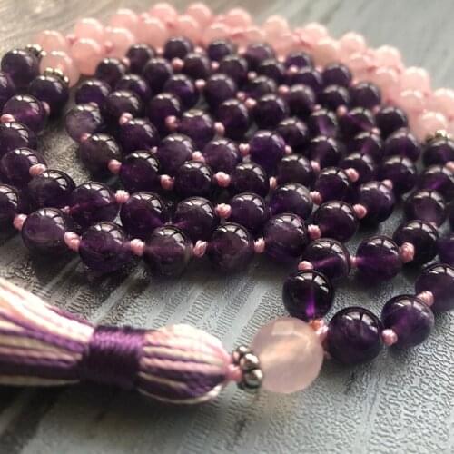 Amethysts Rose Q-uartz 108 Mala Necklace Knotted Tassel Jewelry Yoga Gift For Womens Mala Beads Necklace Spiritual Boho Jewelry