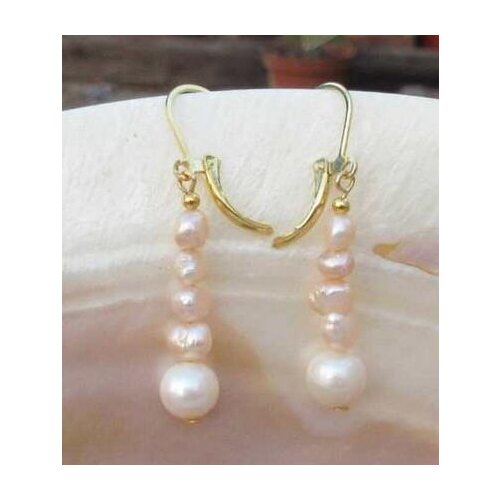 >>>>noble jewelry Genuine AAA+++ white pink pearl dangle earring 14K/20 YELLOW GOLD