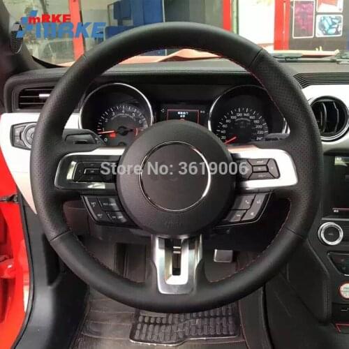 For Ford Mustang High Quality Hand-stitched Anti-Slip Black Leather Red Thread DIY Steering Wheel Cover