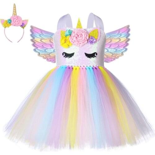 Halloween Girls Unicorn Costume Dress Fancy Up Kids Rainbow Tutu Party Dresses Princess Cosplay Dressing Up With Headband Wings