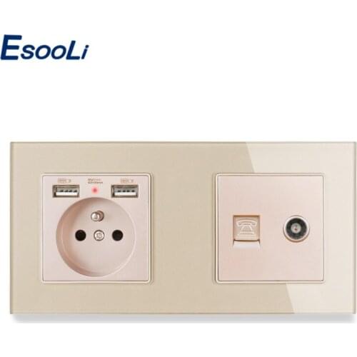ESOOLI Glass Panel French Standard Electric Socket with 2 USB +1 Gang RJ11 Telephone Connector Female TV Connector 172*86mm