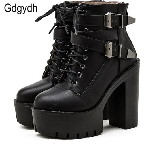 Gdgydh Fashion Metal Buckle Ankle Strap Platform Boots Gothic High Heels For Women Lace Up Black Leather Punk Style Ankle Boots