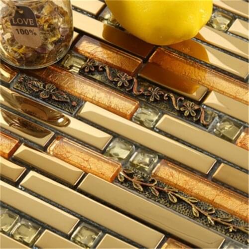 11PCS Long Strip Crystal Glass Mosaic Tile , Electroplated Gold Silver Resin Brick for Bathroom Background Wall Entrance Decora