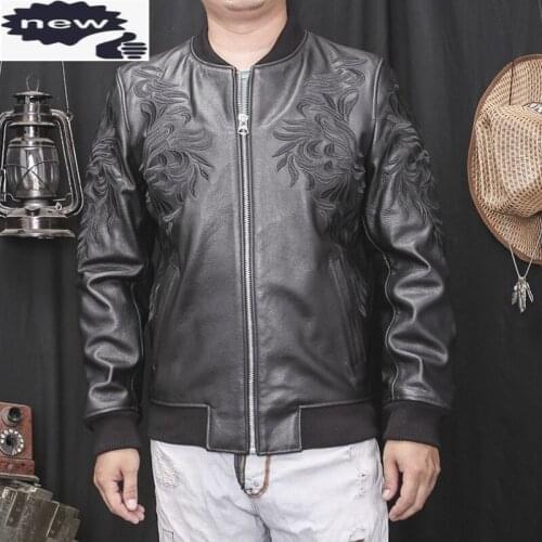 Autumn Mens Stand Collar Embroidery Cowhide Bomber Casual High Street Slim Fit Real Leather Jacket Short Man Aviator Coat