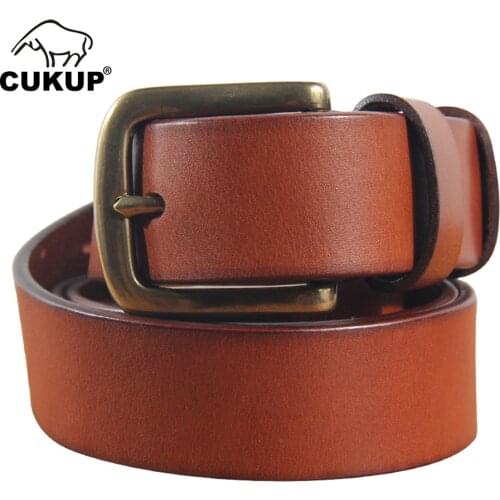 CUKUP Mens Top Quality Cowhide Leather Belts Brass Pin Buckle Metal Belt for Men Fancy Vintage Jeans Accessories 3.8cm NCK1026