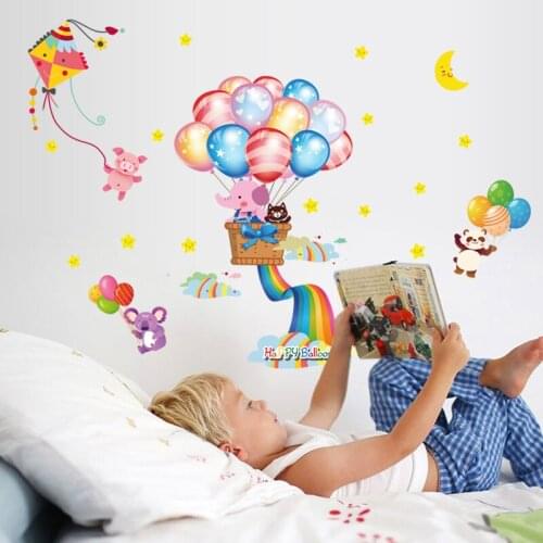 85*70CM Wall Sticker Hot Balloon Travel Animal Rainbow Piglet Baby Room Wall Decoration Nursery Wallpaper Kids Bedroom Decor