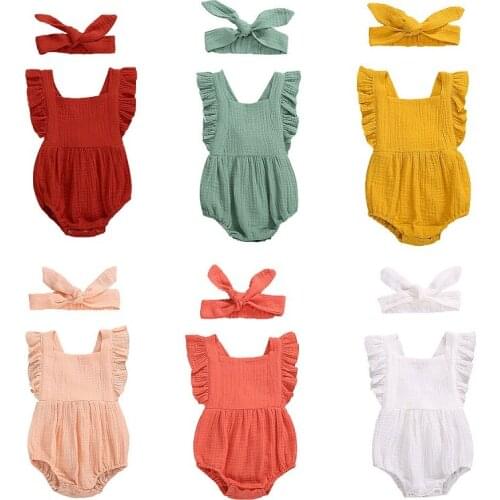 Newborn Baby Girls 100% Cotton Sleeveless Romper+ Bow Headband, Ruffle Simple Solid Color Elastic Leg Summer Clothing