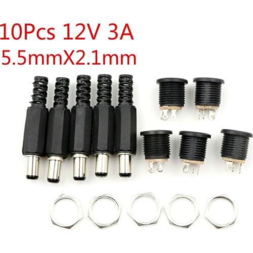 10 pcs 12V 3A Plastic Male Plugs + Female Socket Panel Mount Jack DC Power Connector Electrical Supplies 5.5mm x 2.1mm