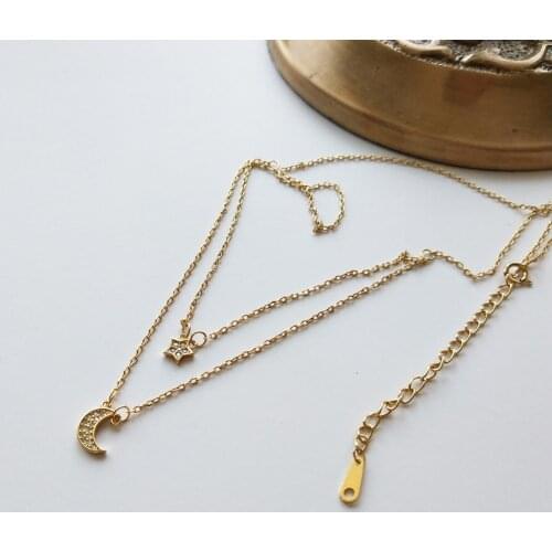 Authentic 925 Sterling silver gold Double Rows Crescent Star zircon AAA+ pendant necklace wild temperament necklace X191