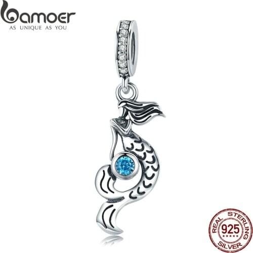 BAMOER Genuine 925 Sterling Silver Mermaids missing Pendant Charm fit Women Charm Bracelets DIY Jewelry Girlfriend Gift SCC824