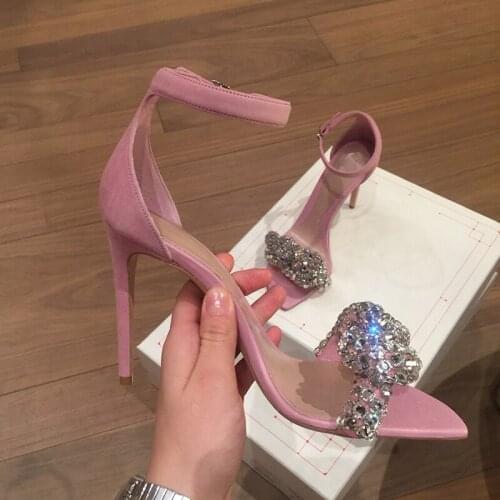 Pink Suede Glitter Rhinestone Bowtie Peep Toe Sandals Summer High Heels Lady Ankle Strap Cut-Outs Bling Bling Crystal Shoes