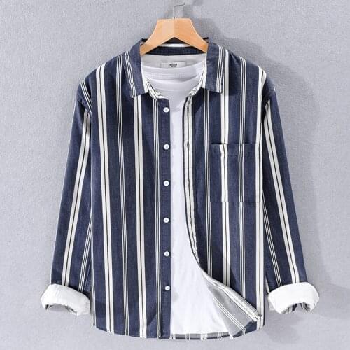 Spring Autumn Mens Striped Long Sleeve Casual Shirt Outdoor Sport Trekking Labor Cargo Travel Loose Fashion Pure Cotton Tops