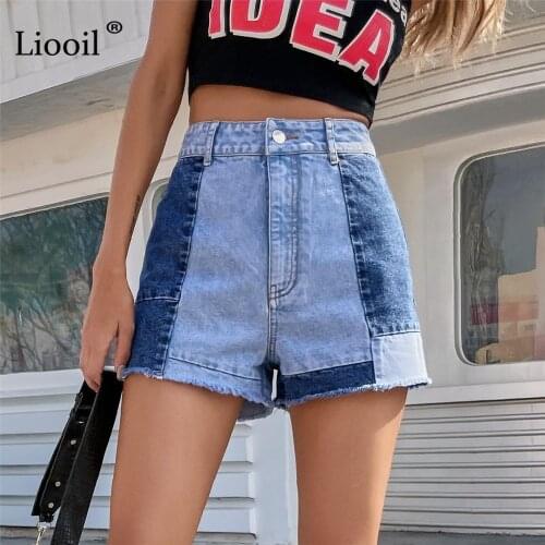 Liooil Patchwork Jeans High Waisted Shorts With Pockets Button Wide Leg Short Pant Streetwear Denim Shorts Women Summer 2021