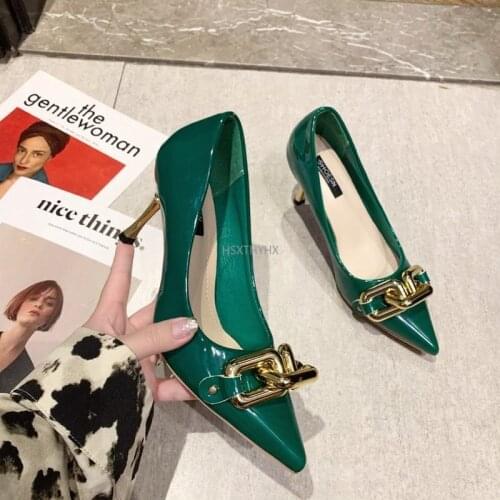 Pointed Toe Women Pumps Metal Chain Shallow Design Thin High Heels Pumps Orange Shoes Office Pumps Work Shoes Woman Size 35-39
