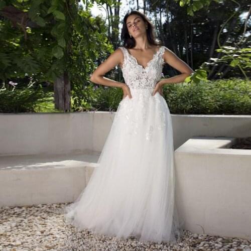V-Neck See Through Sporadically Applique Multidimensional Lace Bodice a-Line Wedding Dress Customized Made Bridal Dresses