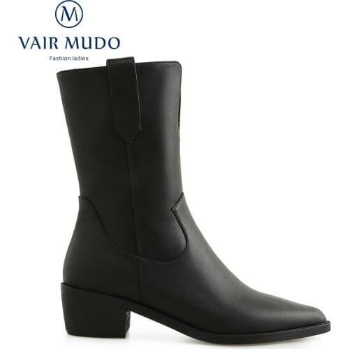 VAIR MUDO Boots Shoes Women Black White Thick Heels Genuine Leather Spring/Autumn Black White Concise Sewing Round Toe WM-X70