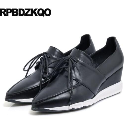 High Heels Brand 2018 Casual Shoes Women Size 4 34 Luxury Wedge Lace Up Runway Designer Black Pointed Toe Pumps Genuine Leather