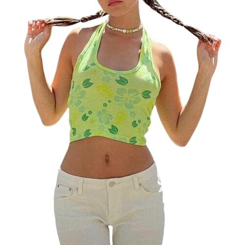 Summer Floral Print Green Halter Tank Top 2021 Fashion Women Sleeveless Backless Slim Fit Crop Top Holiday Casual Camis Tops