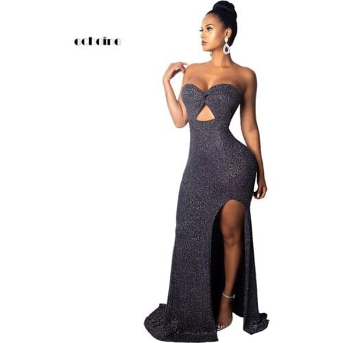 Echoine Evening Party Dress Sexy Women Bodycon Off Shoulder Lurex Split Strapless Backless Black Elegant Floor-Length Vstidos