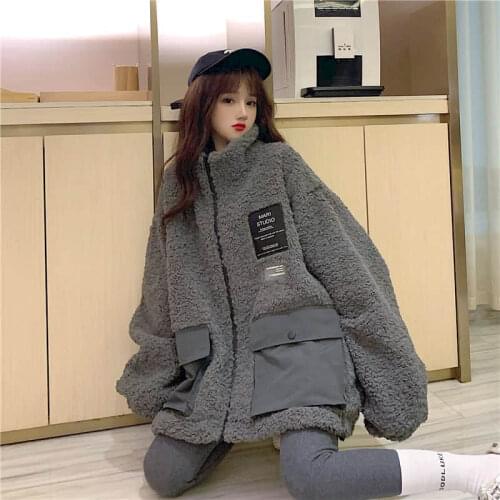 2021 Winter Cotton Jacket Korean Loose Plus Size Lamb Wool Velvet Coat vintage Harajuku Leisure High collar Splicing Plaid