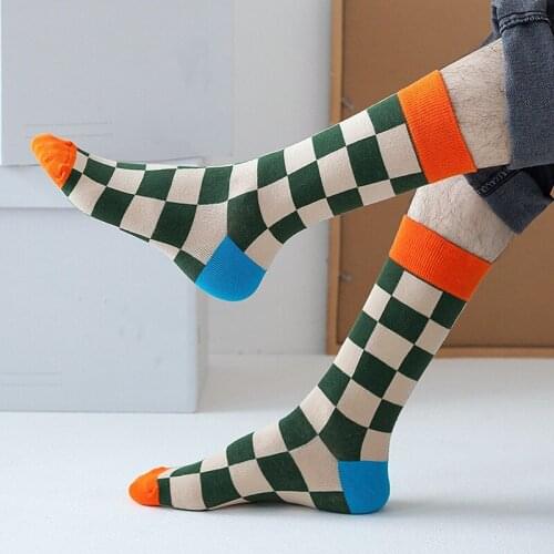 1PC Four Seasons All Cotton Stockings Childrens Checkered Adult Trendy Mens Medium Tube Diamond Color