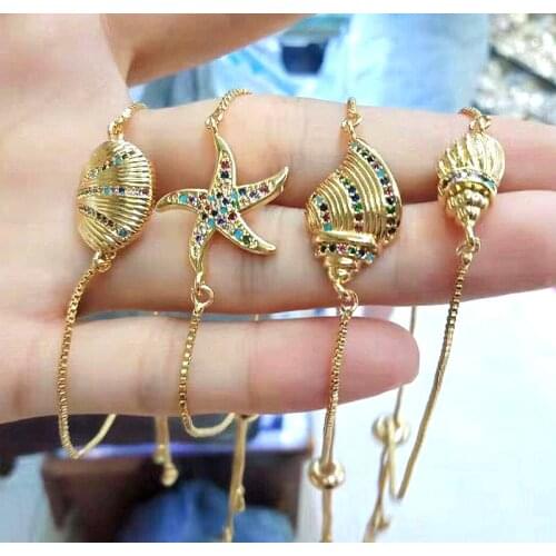 10PCS, Fashion Gold Filled Rainbow Cubic Zirconia CZ Micro Pave Sea Shell / Starfish Connector Bracelets