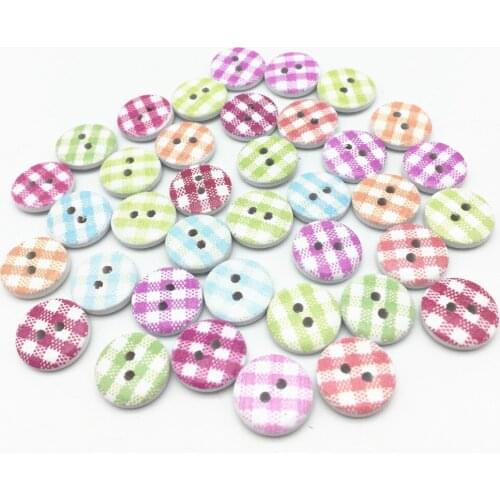 100pcs 15mm Mixed Checks Ginghams Wooden Round 2 Holes Buttons Crafts Scrapbooking Embellishment Sewing Button