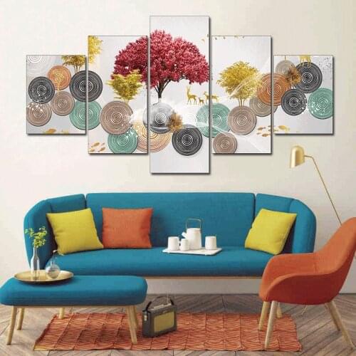No Framed 5 Pieces Red Gold Tree Painting on Canvas Print Luxury Decorative Posters Pictures for Living Room Home Decor Wall Art