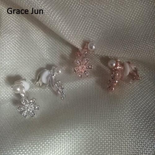 Grace Jun New Design Small Flower Rhinestone Simulated Pearl Clip on Earrings Without Piercing for Women Ear Clip Korea Style