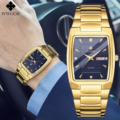 WWOOR 2021 Mens Watches Stainless Steel Gold Blue Square Casual Quartz WristWatch Luxury Waterproof Watch Male Relogio Masculino