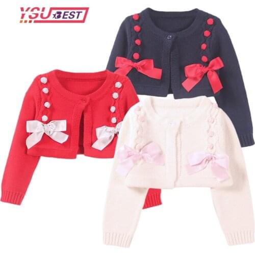 Infant Kids Child Girl Fashionable Sweater Cardigan Round Neck Long Sleeve Bow Knitted Shawl Short Coat 1-7Y Girls Party Coat