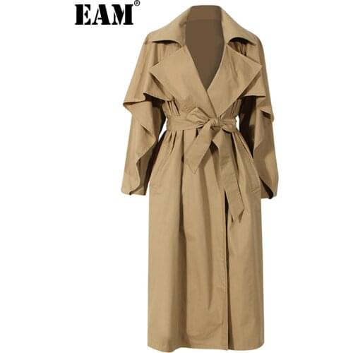 [EAM] Women Khaki Big Size Long Cloak Trench New Lapel Long Sleeve Loose Fit Windbreaker Fashion Spring Autumn 2021 1DD0283
