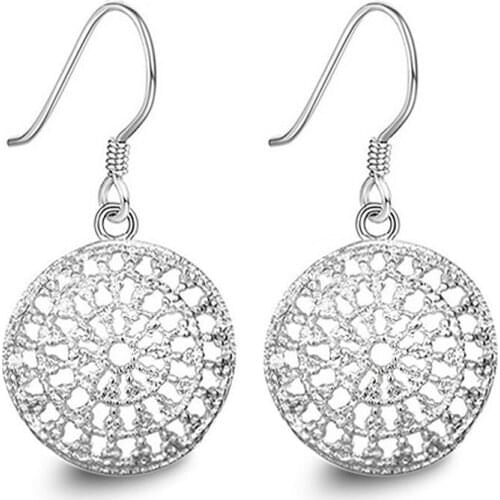 Delicate Hollowed out Round Dangle Earring for Women Silver Plated party ear Jewelry Drop Shipping Wholesale