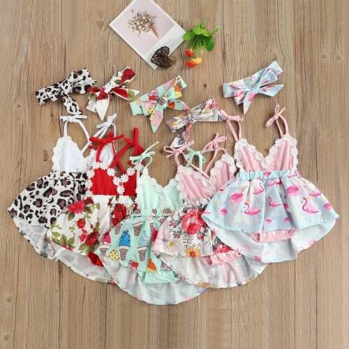 Summer Princess Baby Girls Romper Dress Cute Lace Flower Cartoon Flamingo Print Suspender Jumpsuit+Headwear Toddler Girl Clothes