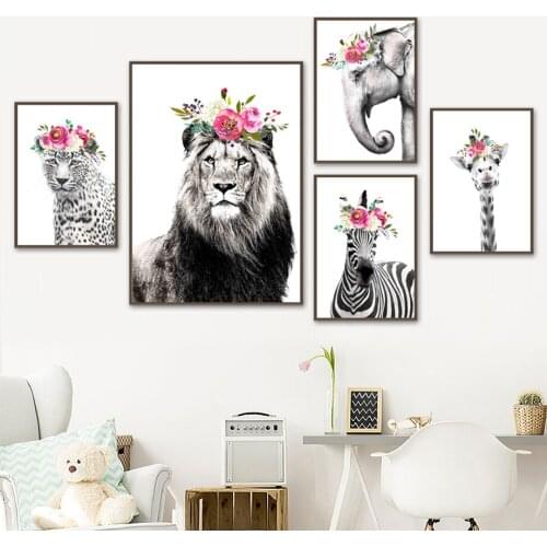 Leopard Lion Zebra Elephant Giraffe Flower Leaf Wall Art Canvas Painting Nordic Posters And Prints Wall Pictures Kids Room Decor