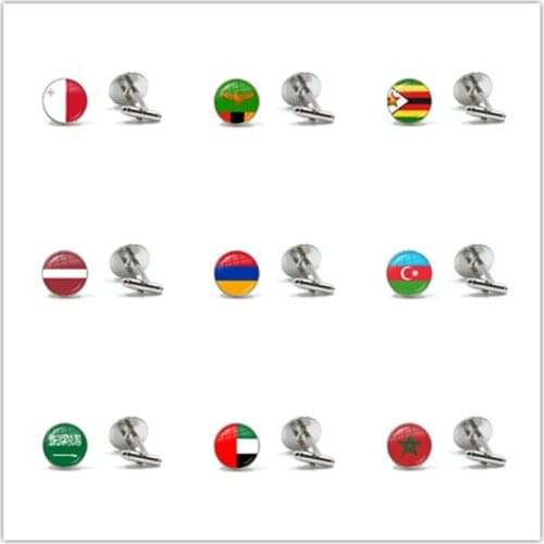 Malta Zambia Zimbabwe Latvia Armenia Azerbaijan Saudi Arabia UAE Morocco National Flag 16mm Glass Cabochon Cufflinks For Men