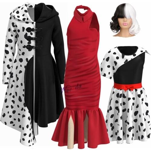 New 2021 Cruella De Vil Cosplay Costume Wig Movie Super Villain Dress Uniform Halloween Costume For Kids Child Girls