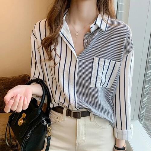 GGRIGHT 2021 Striped Casual Pockets Long Sleeve Shirt Women Cotton Blouse Ladies Clothes Button Womens Tops Chemisier Femme