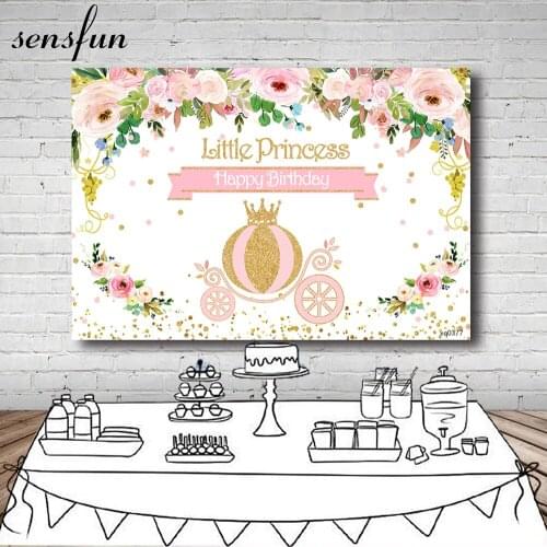 Sensfun Pink Flowers Girls Newborn Baby Shower Birthday Party Backdrops Princess Gold Glitter Carriage Photography Backgrounds