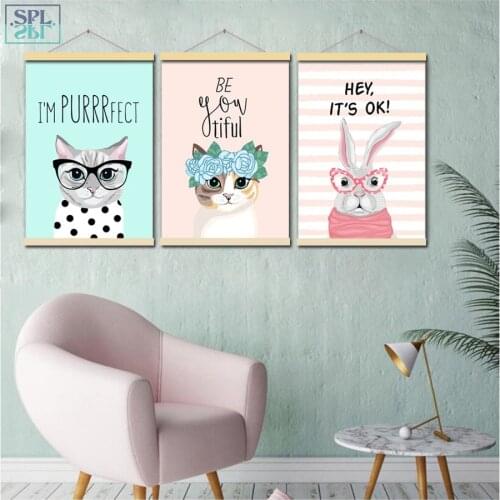 SPLSPL Cute Cartoon Animals Rabbit Cat Wall Art Picture Boy and Girl Room Decoration Canvas Print Poster Painting Without Frame